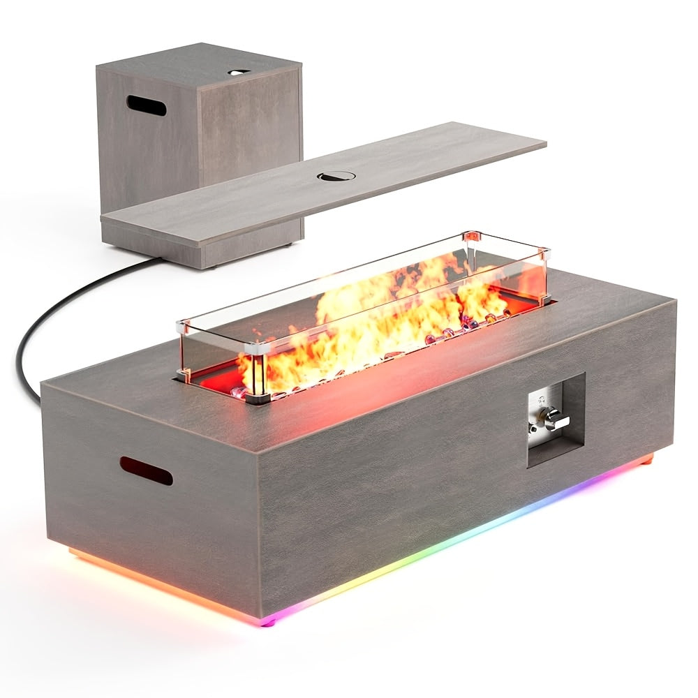 1pc 42 Inch Rectangular Propane Fire Pit Table 50, 000 BTU, Outdoor Gas Firepit With Lid, Blue Fire Glass & Glass Wind Guard, RGB/Warming Light, Includes Rain Cover For Patio, Backyard Deck (Black/Grey/Light Grey)