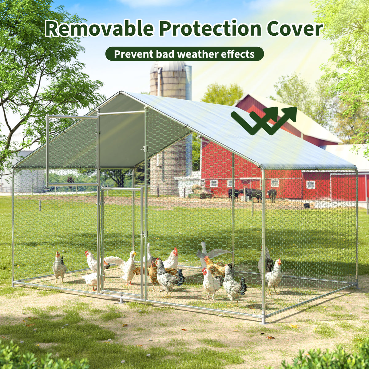 Walk-In Chicken Run with Feeding Port and UV-Resistant Cover, Galvanized Outdoor Poultry Enclosure