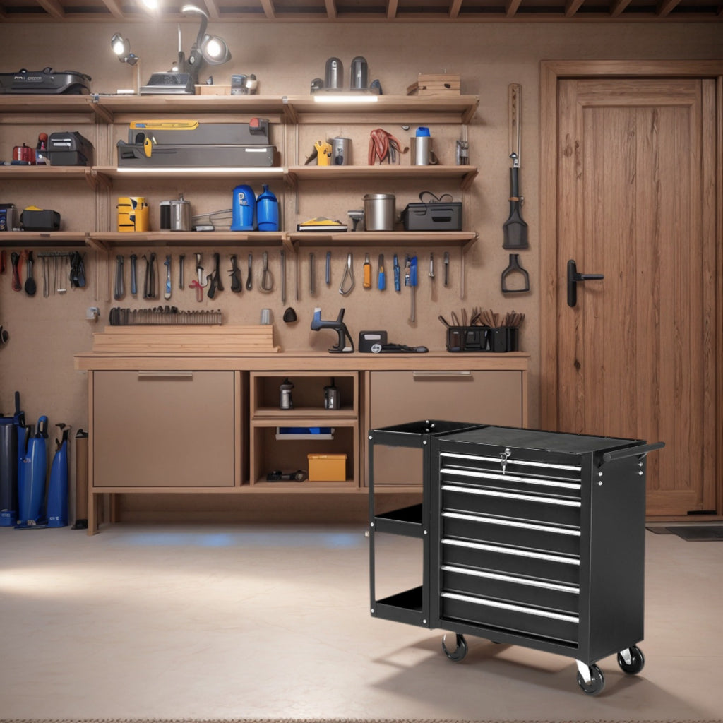 7-Drawer Rolling Tool Chest with Side Shelves, Tool Storage Side Cabinet w/ Lockable Wheels, Top Cushion & Drawer Liners, Tool Organizer Box for Garage, Warehouse & Repair Shop
