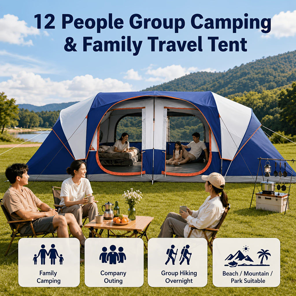 12-Person Camping Tent, Family Cabin Tent with 2/3 Rooms, Weatherproof, Features 6 Large Mesh Windows, Double Layer, Includes Dividing Curtain for Separate Rooms, Portable with Carry Bag