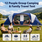 12-Person Camping Tent, Family Cabin Tent with 2/3 Rooms, Weatherproof, Features 6 Large Mesh Windows, Double Layer, Includes Dividing Curtain for Separate Rooms, Portable with Carry Bag