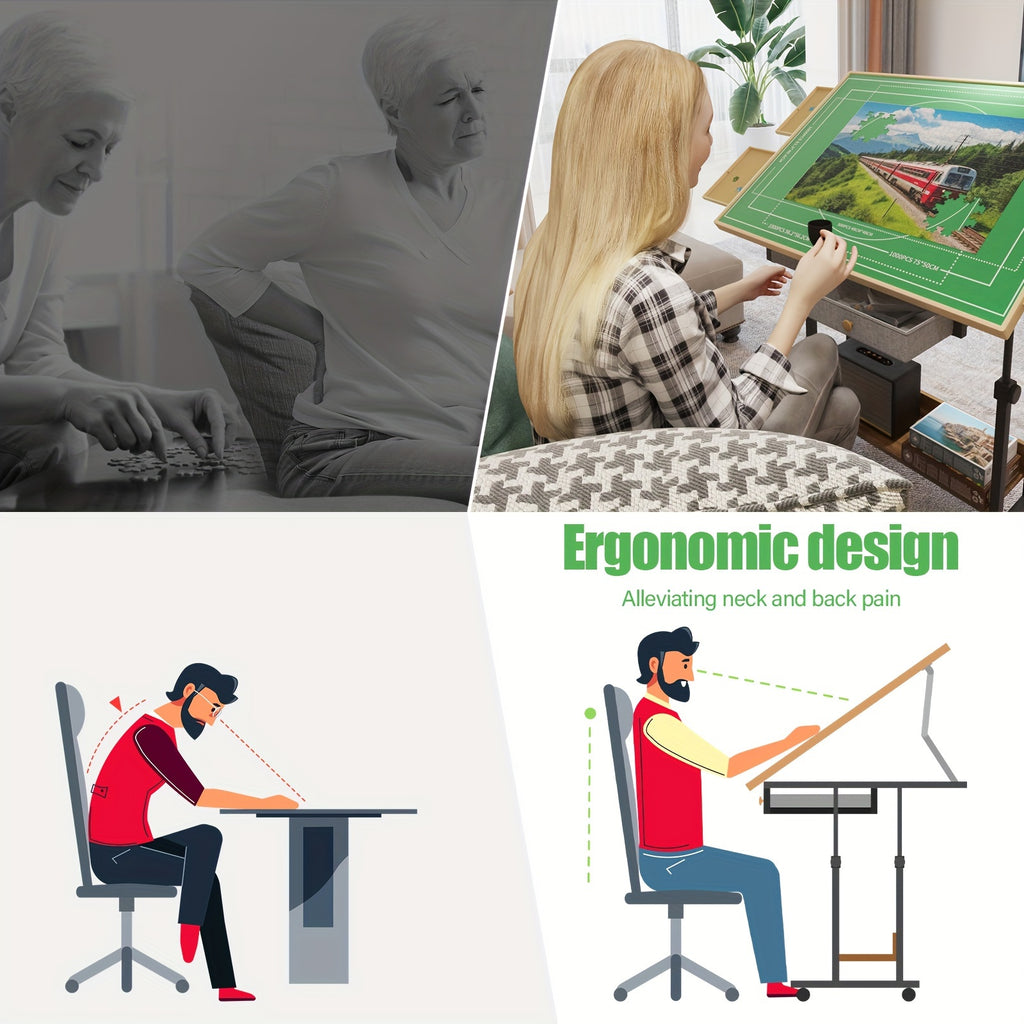 Movable Puzzle Table with Legs, Adjustable 5-Tilting-Angle Board, Height Adjustable Multi-function Table with 6 Drawersr for Puzzle, Chess, Reading Etc., Good Choice for Gift