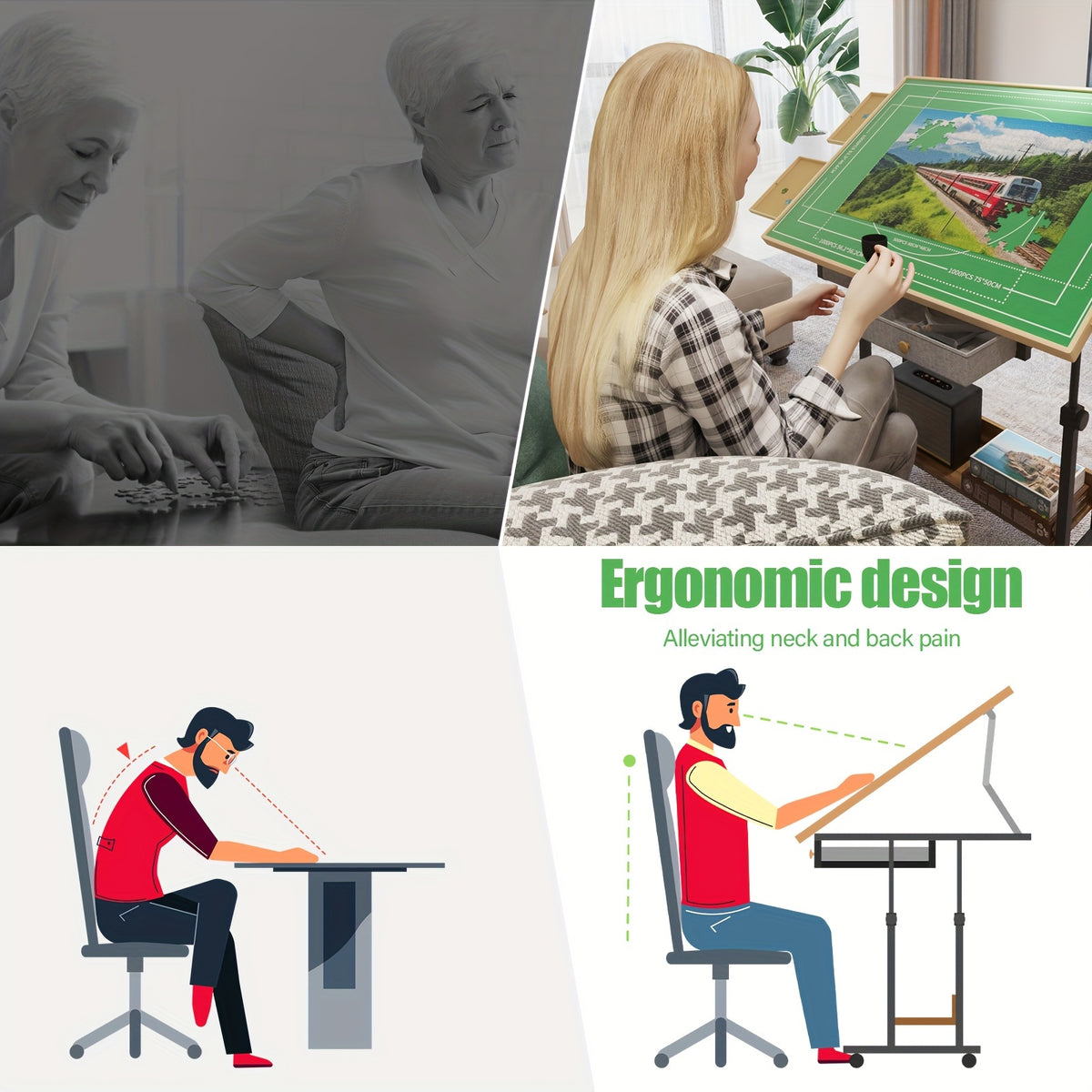Movable Puzzle Table with Legs, Adjustable 5-Tilting-Angle Board, Height Adjustable Multi-function Table with 6 Drawersr for Puzzle, Chess, Reading Etc., Good Choice for Gift