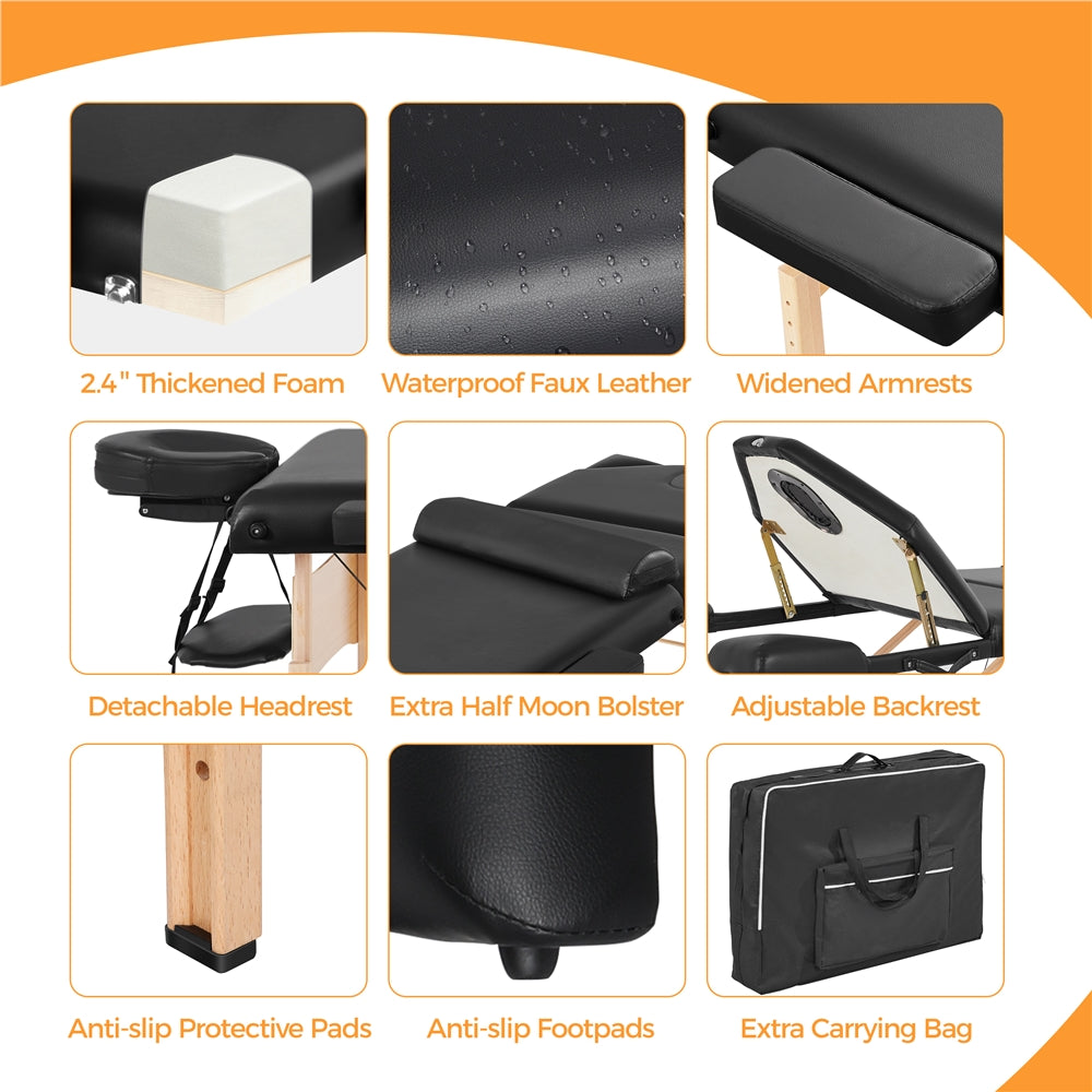Costoffs Adjustable Massage Table Professional Portable Massage Bed Multi-function Spa Table with Carrying Bag and Bolster, Black