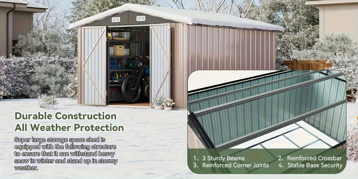 12x20x9.3/12x14/6x4ft Metal Storage Shed - Outdoor Garden Shed Kit, Lockable Tool Shed, Backyard Shed with Double Hinged Doors, 4 Windows, Carport for Car, Truck, Bike and Lawn Mower & Equipment, Brown