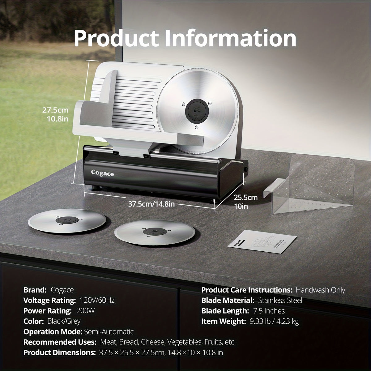 200W Electric Deli Meat Slicer Machine | 3 Types of 7.5'' Blades, Adjustable Thickness 0-15mm, for Meat, Cheese, Bread, Vegetables, Home Use, Steel Material, Brand: COGACE