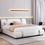Contemporary Platform Bed Frame Made of Faux Leather, Featuring Iron Metal Accents, an Adjustable Headboard, And Wooden Slats for Support, Eliminating The Need for a Box Spring