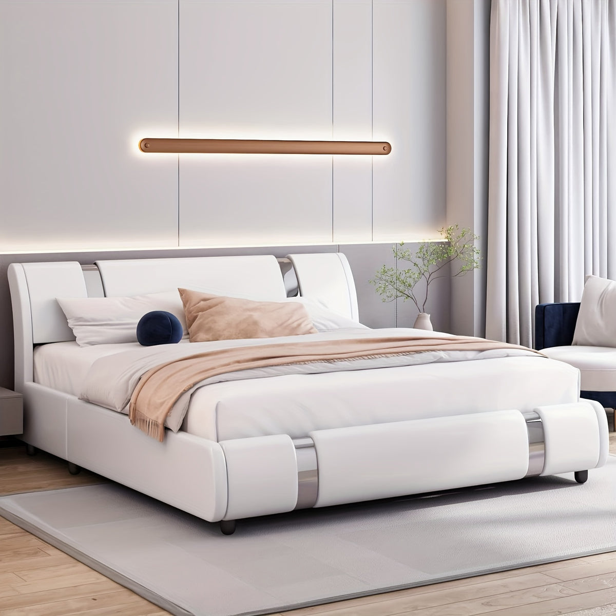 Contemporary Platform Bed Frame Made of Faux Leather, Featuring Iron Metal Accents, an Adjustable Headboard, And Wooden Slats for Support, Eliminating The Need for a Box Spring