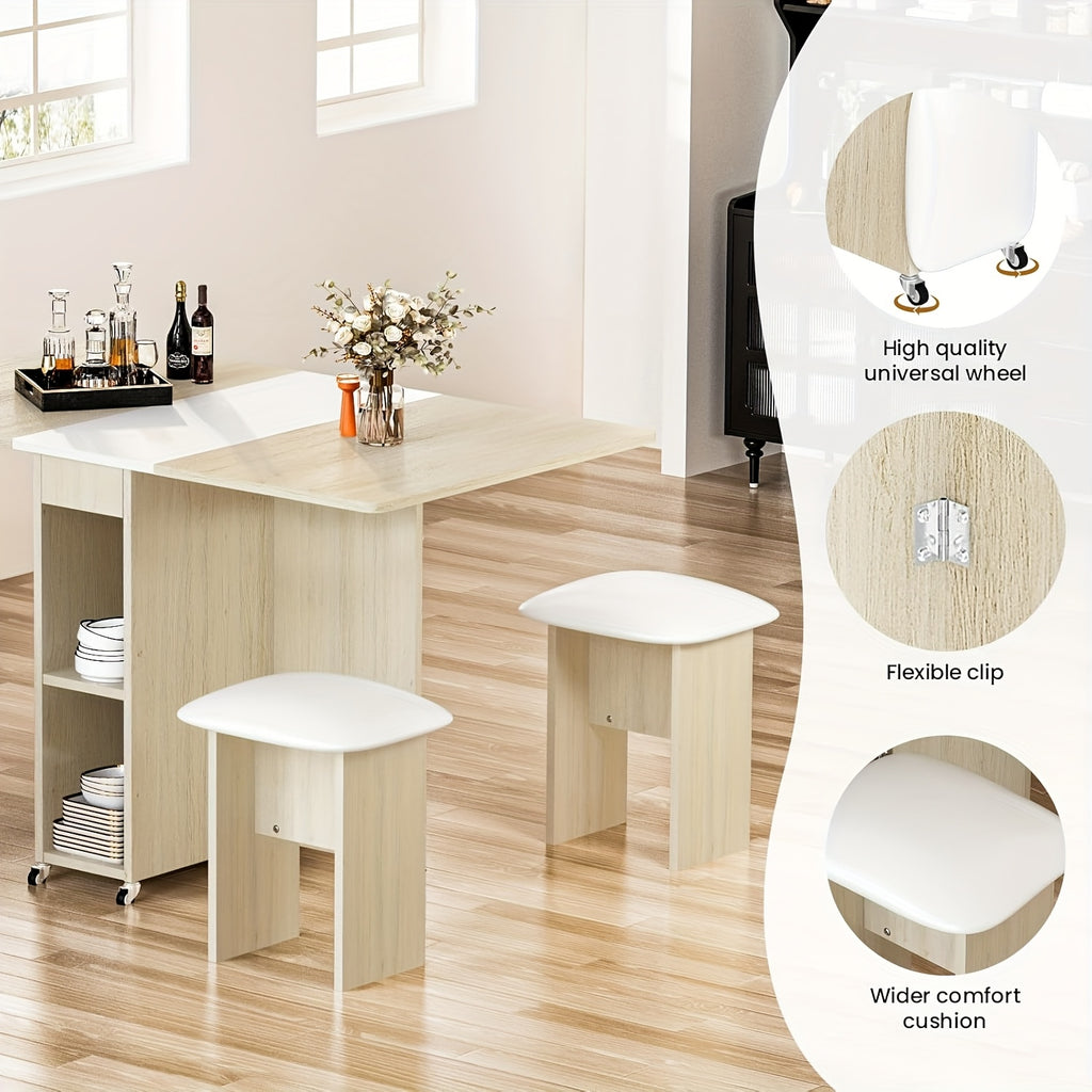 Folding Dining Table Set for 4, Kitchen Table with 4 Faux Leather Chairs And Shelves, Space Saving Wood Rectangle Foldable Kitchen & Dining Room Tables for Small Space with 6 Wheels