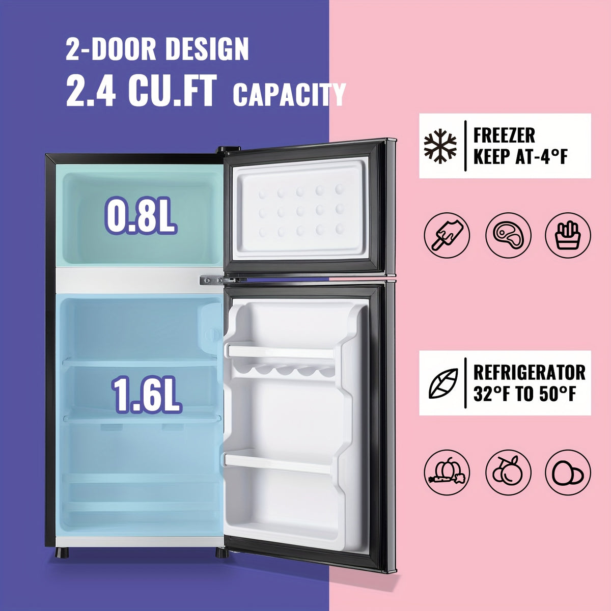DEMULLER 2.4 Cu.Ft Mini Refrigerator with Freezer Double Door Personal Small Fridge for One Person Removable Plastic Shelves Ideal for Home, Apartment, Dormitory