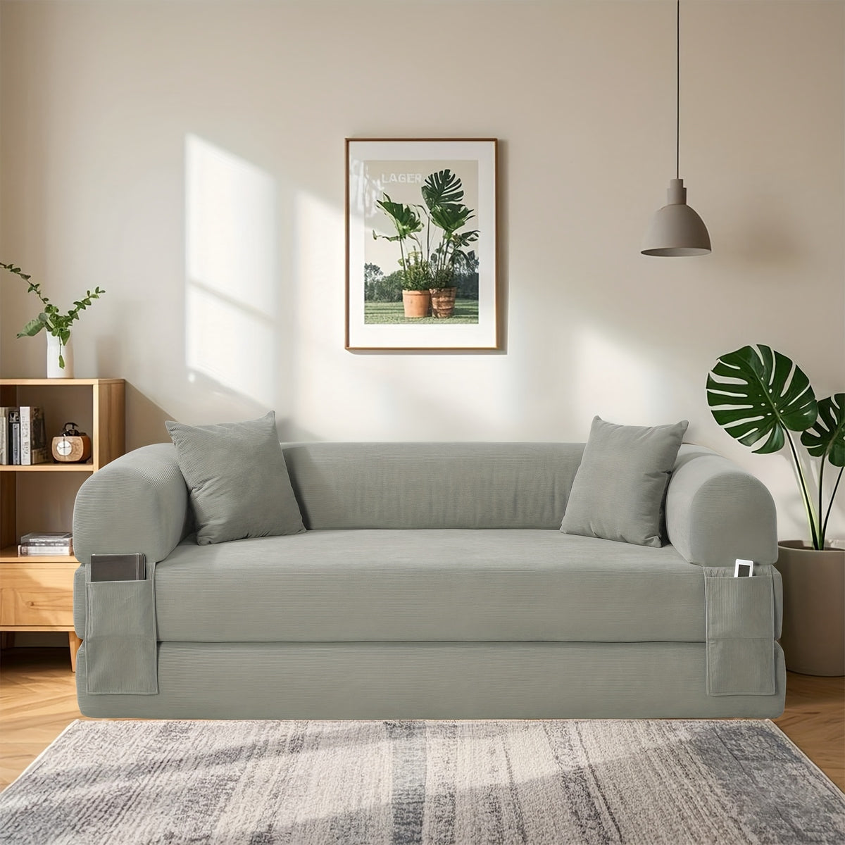 80" Convertible Sofa Bed, 3-in-1 Corduroy Folding Pull Out Couch with Pillows, No Assembly Modern Boneless Couch Compression Sofa In Box, Floor Sofa with Side Storage Pocket for Living Room