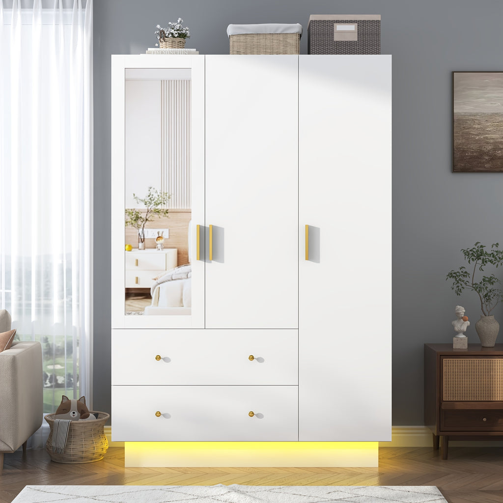 3 Doors Armoire Wardrobe Closet with Mirror, LED Armoire with Doors And Drawers, Wooden Armoire Storage Cabinet with Hanging Rod, Adjustable Shelves