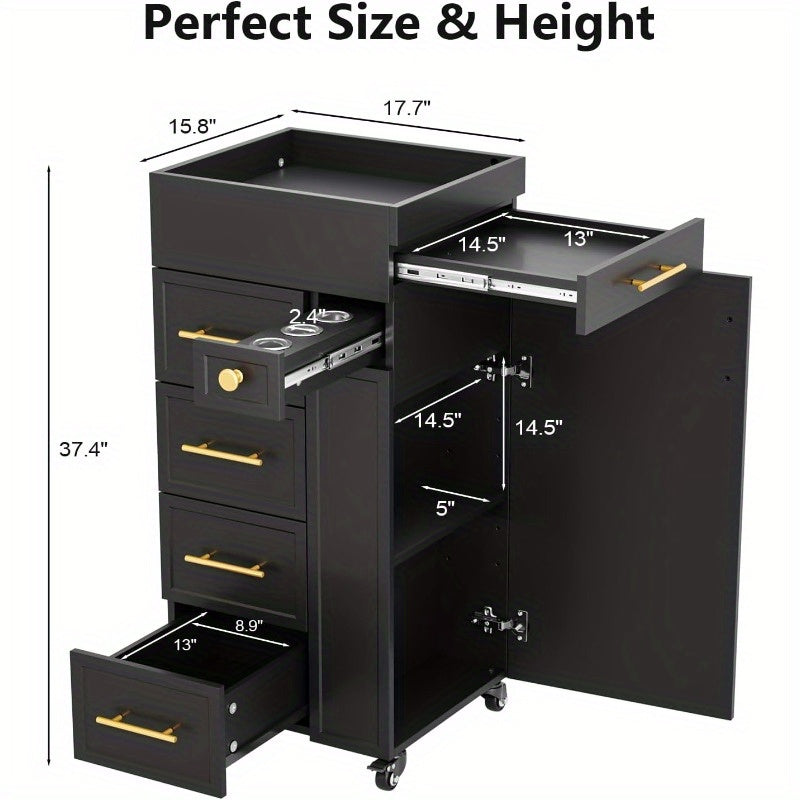 Heavy-Duty Salon Trolley Cart with 5 Drawers, 3 Tool Holders & Adjustable Shelf - Mobile Beauty Station with Locking Wheels, Large Top Surface - Sturdy Wooden Construction for Barber Shop, Salon, Spa, Home - Space-Saving Organizer Cabinet (White/Black) -