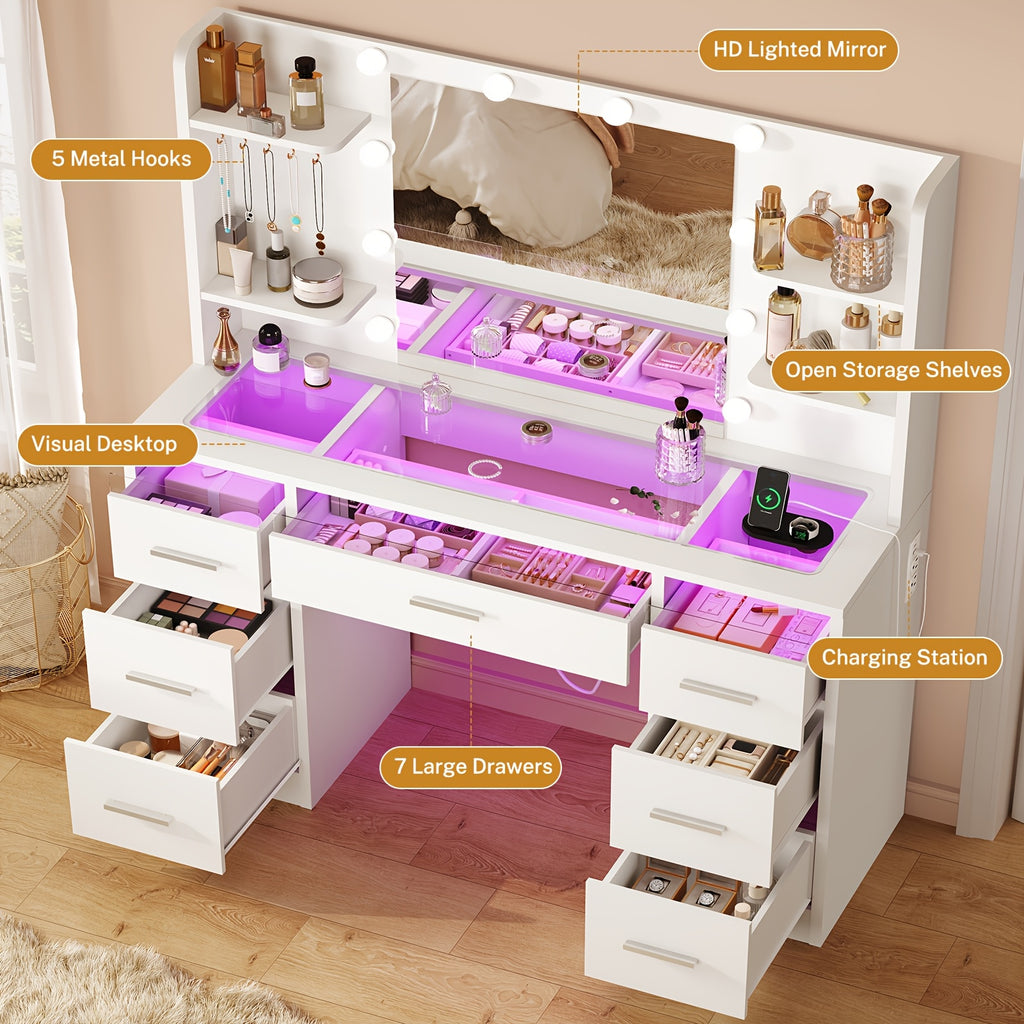 Makeup Vanity Table with LED Lighted Mirror, Power Outlet, 7 Drawers, 4 Shelves, 5 Jewelry Hooks