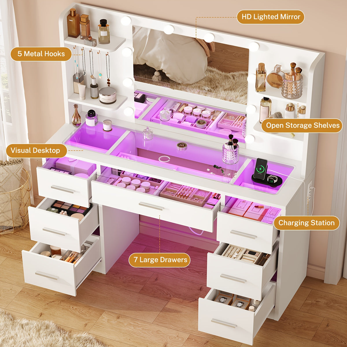 Makeup Vanity Table with LED Lighted Mirror, Power Outlet, 7 Drawers, 4 Shelves, 5 Jewelry Hooks