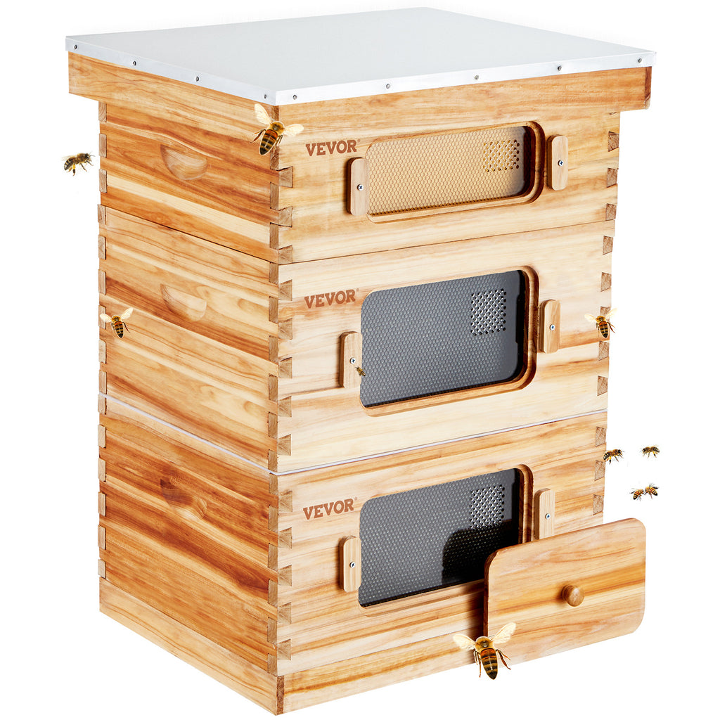 VEVOR Bee Hive 30 Frame / 40 Frame Bee Hives Starter Kit, Beeswax Coated Fir Wood, 2 Deep + 1 Medium / 2 Deep + 2 Medium Bee Boxes Langstroth Beehive Kit, Transparent Acrylic Windows with Foundations for Beginners Pro Beekeepers