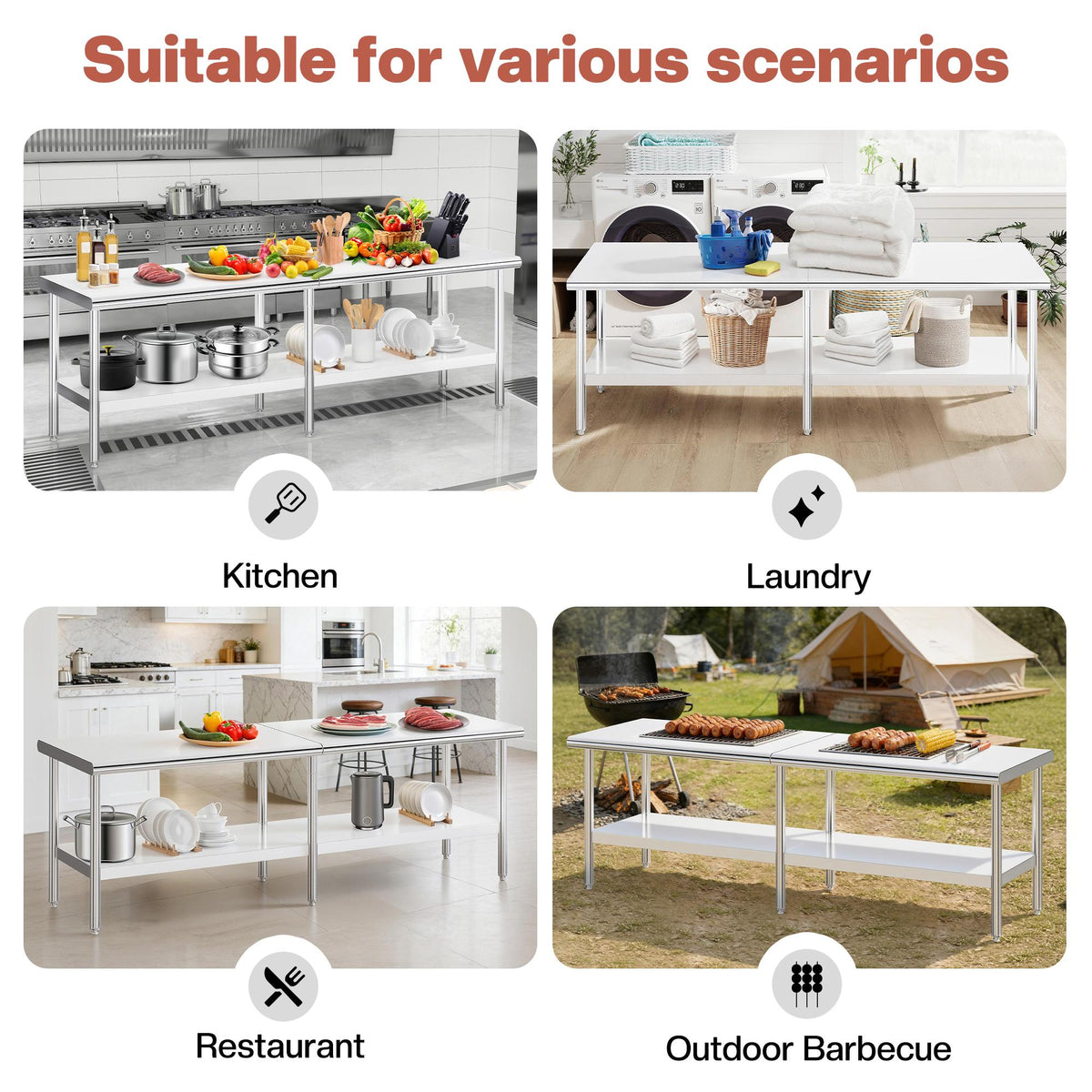 30×48–30×108 Inch Stainless Steel Commercial Work Table with Rounded Corners Adjustable Shelf And Feet for Kitchen Garage Gardening