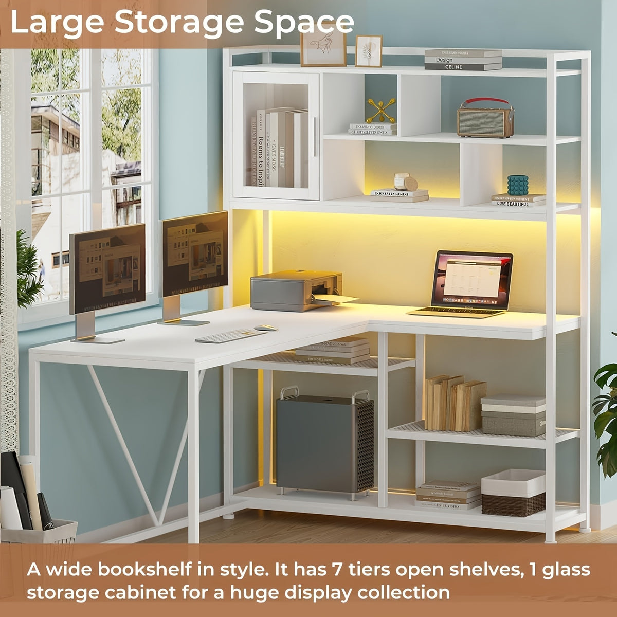 L-Shaped Computer Desk, Reversible 58-Inch Corner Workstation with 7-Tier Shelves and RGB LED Lighting