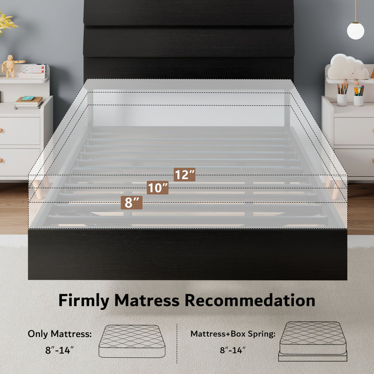 Valnase Floating Bed Frame with LED Lights & Charging Station, Platform Bed with Wooden Storage Headboard, Steel Slats Support, Easy Assembly