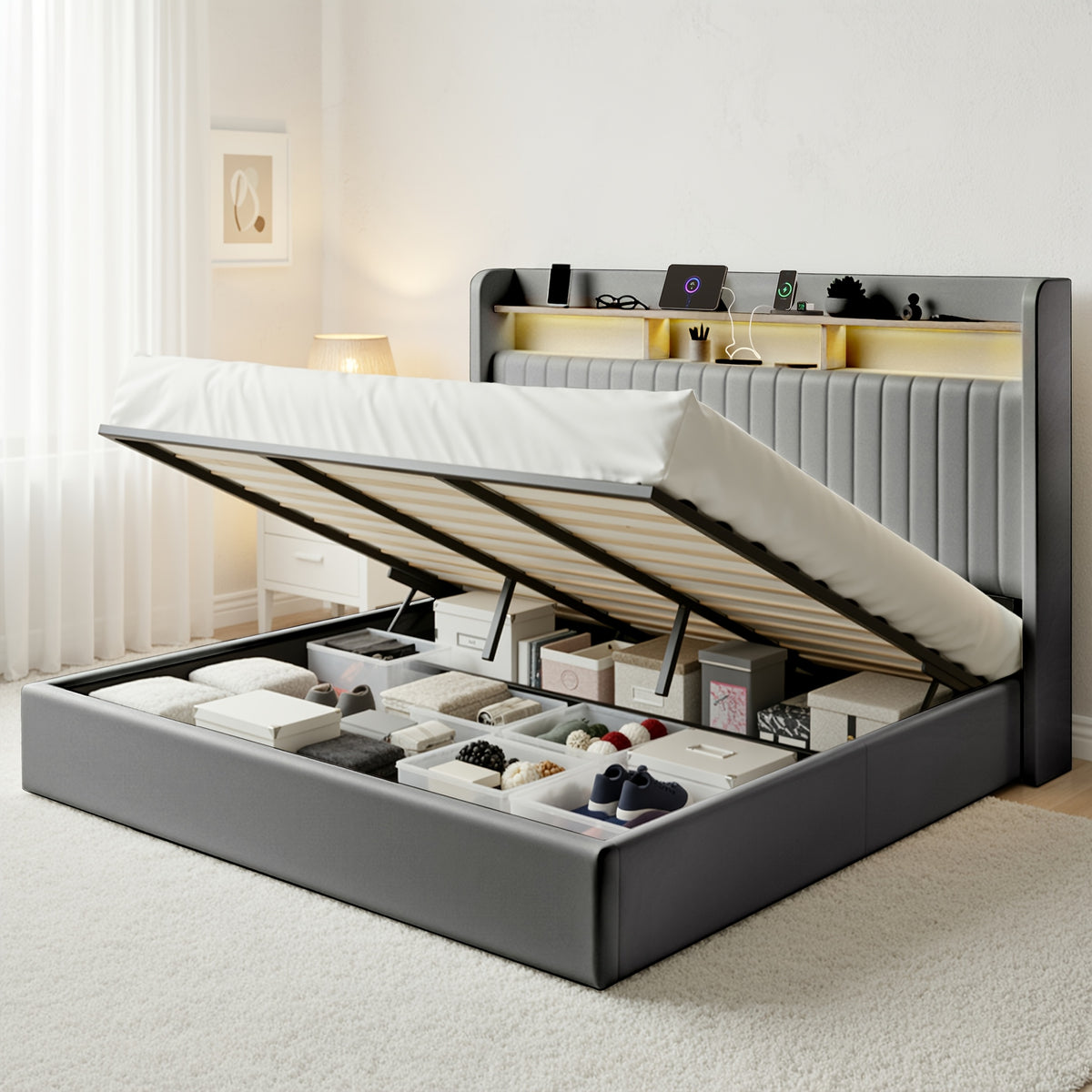 WEEWAY Lift Up Storage Bed Frame, Velvet Vertical Channel Headboard, LED Light And Charging Station, Hydraulic Support, Noise-Free Wooden Slats, No Box Spring Needed, Bedroom Furniture, Masterroom, Guestroom, White, Black, Cream, Grey, Free Shipping