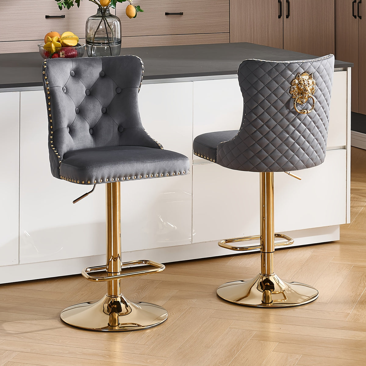 DMKAI Golden Lion Head Velvet Bar Stools Set Of 2, Luxury Diamond Tufted High Back, Adjustable Height 360° Swivel with Golden Base for Kitchen Island Home Bar
