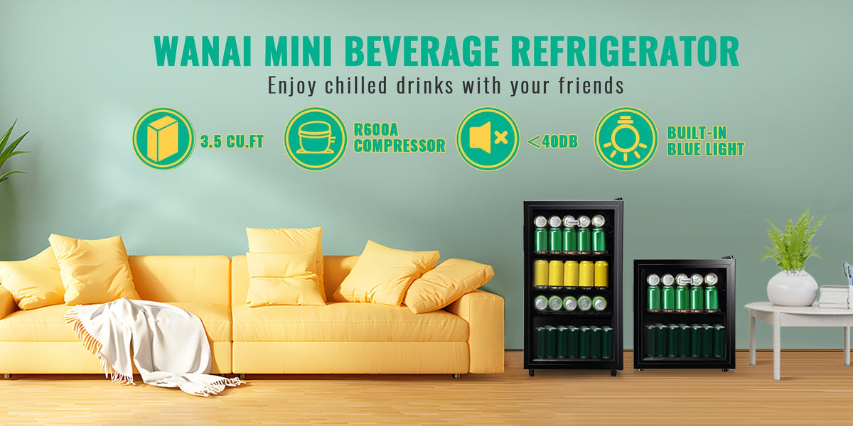 Beverage Refrigerator Cooler 3.5 Cu.Ft/1.7 Cu.Ft, 125/60 Can Mini Small Fridge with Glass Door LED Light And Adjustable Shelves, Perfect for Home Bar Office, Black