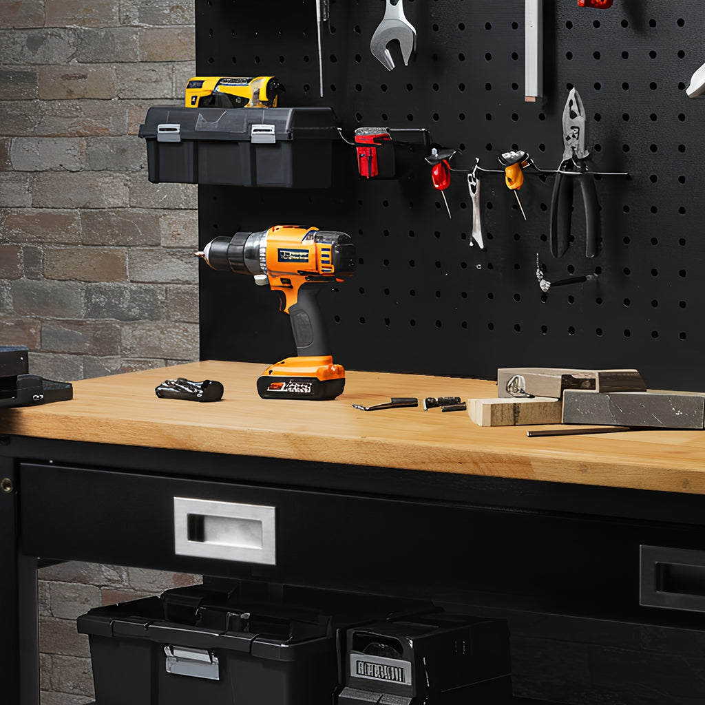 60"× 22" Garage Workbench with Drawers & Pegboard -- Adjustable Heavy Duty Table with Power Strip, Strip Light & Thick Rubber Wood Top, 2000LBS Load Capacity for Workshop, Office, Home Garage