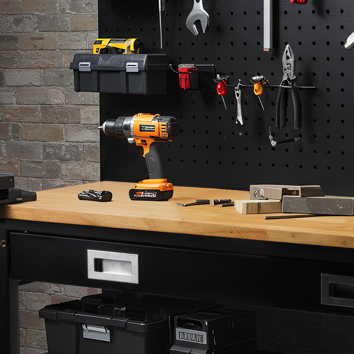 60"× 22" Garage Workbench with Drawers & Pegboard -- Adjustable Heavy Duty Table with Power Strip, Strip Light & Thick Rubber Wood Top, 2000LBS Load Capacity for Workshop, Office, Home Garage