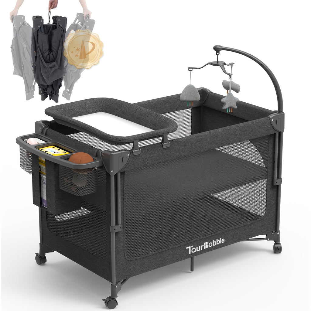 4 In 1 Bassinet, Pack And Play With Mattress, Crib With Wheels And Mosquito Net, Bedside Bassinet Sleeper With Changing Pad, Portable Playpen Foldable Playard For And Assembled And Folded Portable Cribs