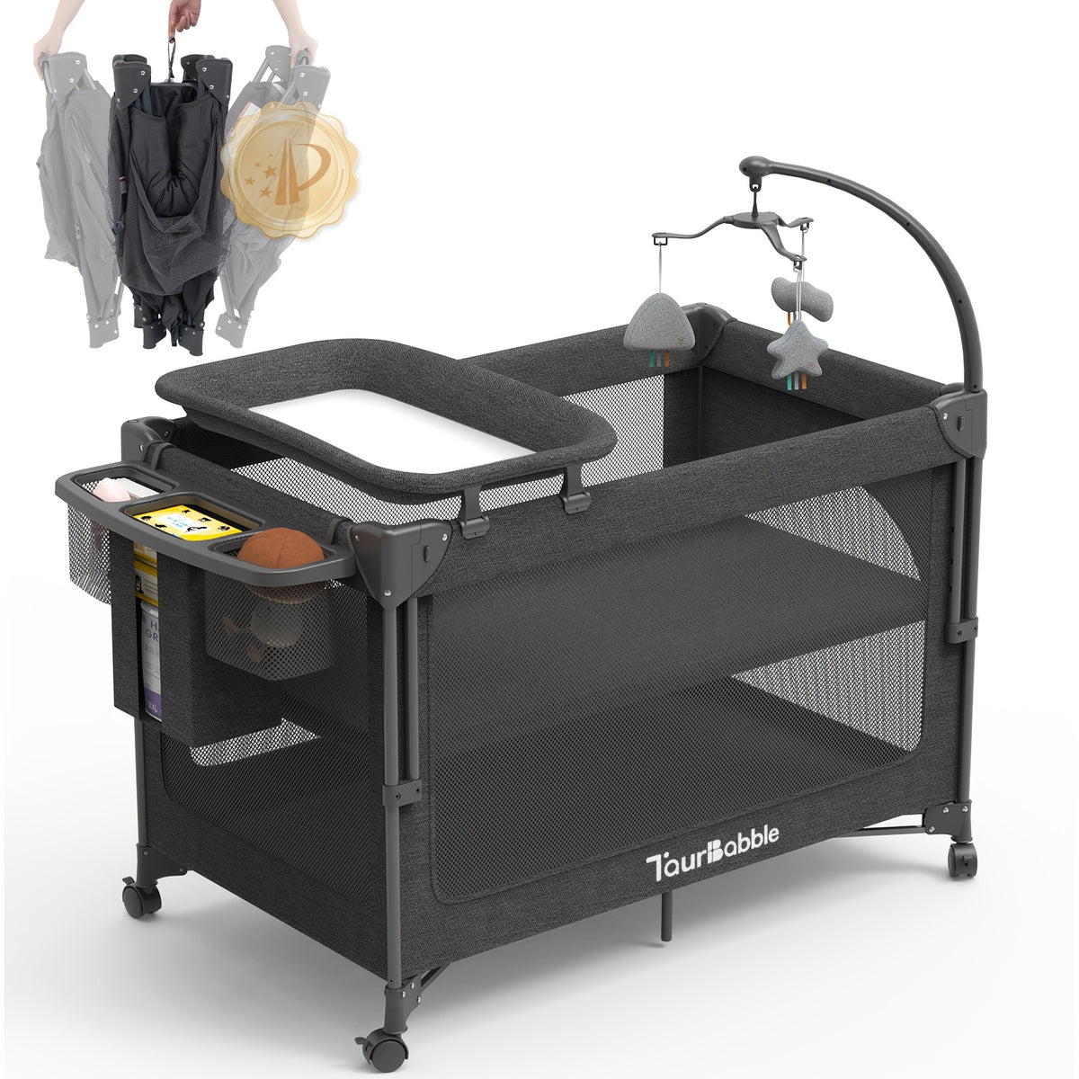 4 In 1 Bassinet, Pack And Play With Mattress, Crib With Wheels And Mosquito Net, Bedside Bassinet Sleeper With Changing Pad, Portable Playpen Foldable Playard For And Assembled And Folded Portable Cribs