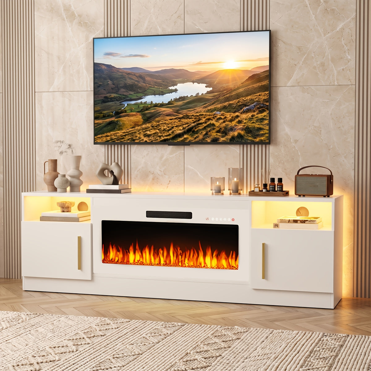 Fireplace TV Stand Entertainment Center with 36" Fireplace, Media TV Console with High Gloss Storage Cabinet And 16 Colors LED Lights, 70" Wooden TV Stand for TVs Up to 80"