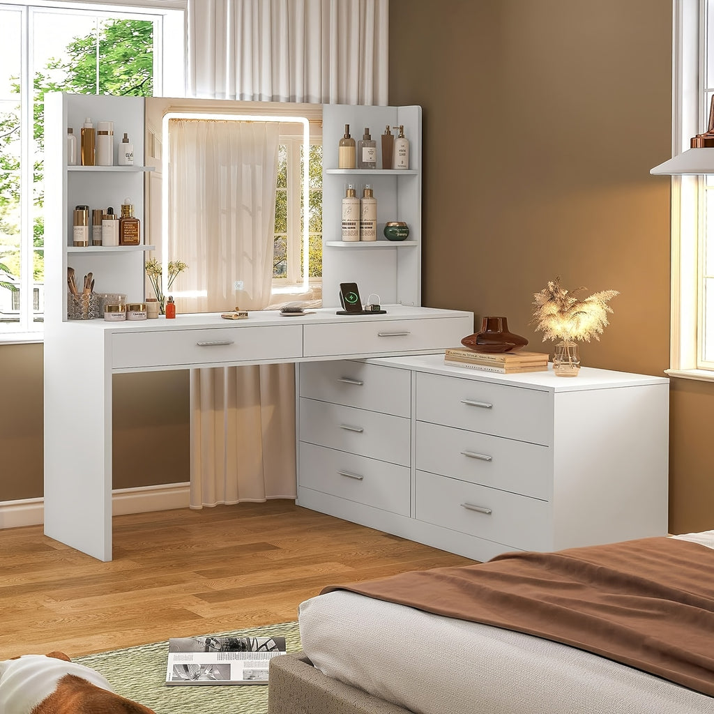 Vanity Desk with LED Lighted Mirror & Power Outlet, Modern Corner Makeup Vanity Table with 8 Drawers & Open Shelves, Dressing Table for Valentine's Day Gift