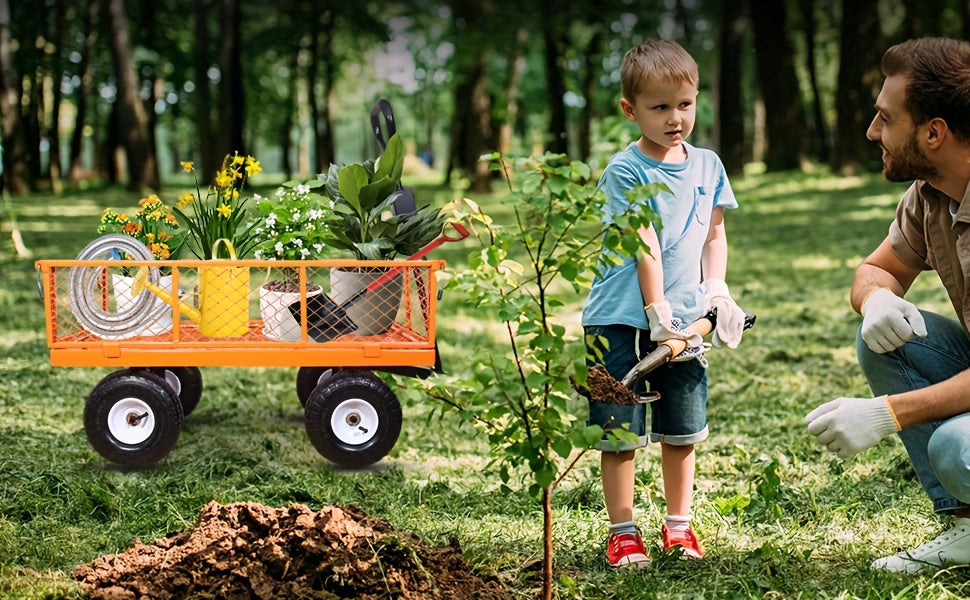 AAIN 1000 Lbs Metal Garden Cart, Heavy Duty Garden Wagon with Removable Steel Mesh Sides, Utility Yard Carts with 180° Rotating Handle with 10 Inch Wheels, 4cu.ft Load Capacity Outdoor Wagons