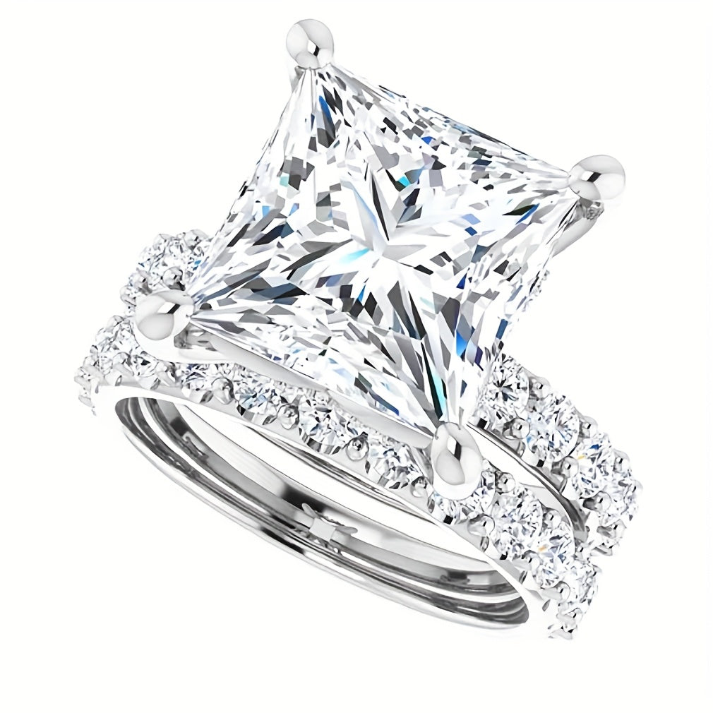 5.00 Carat Princess Cut Colorless Moissanite Engagement Ring Set, Wedding/Bridal Ring Set, Sterling Silver Vintage Anniversary Promise Ring Set Gift for Her
