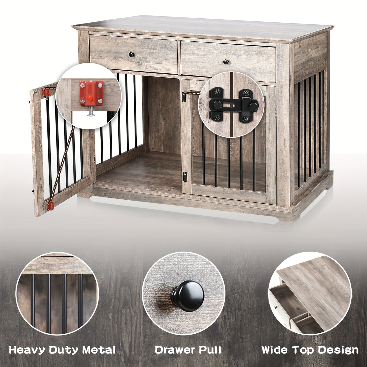 44 Inch Large Dog Crate Furniture, Wooden Dog Kennel End Table With Storage Drawers, Decorative Pet Crates Dog House Indoor For Dogs