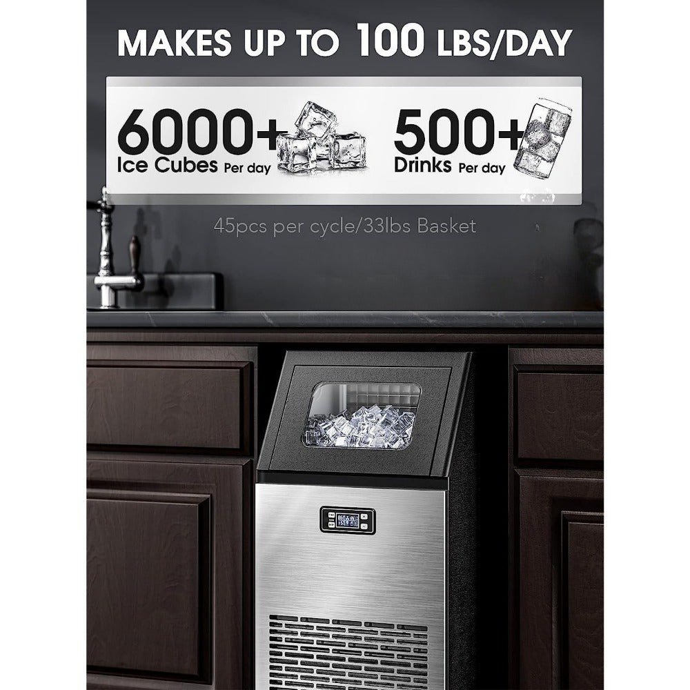 Commercial Ice Machine, 100Lbs/ Day Under-Counter Commercial Ice Maker with 24 Hour Timer, Ice Thickness Control, One Quick Self-Cleaning Function for Bar/ Cafes/ Home, Stainless Steel