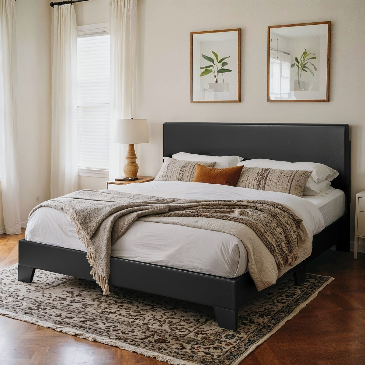HOOMIC Upholstered Platform Bed in Full, Queen, Or King Sizes with an Adjustable Headboard, Sturdy Wooden Frame, Easy Assembly, No Box Spring Required, Available in 5 Colors: Beige, Dark Grey, Light Grey, Black, White