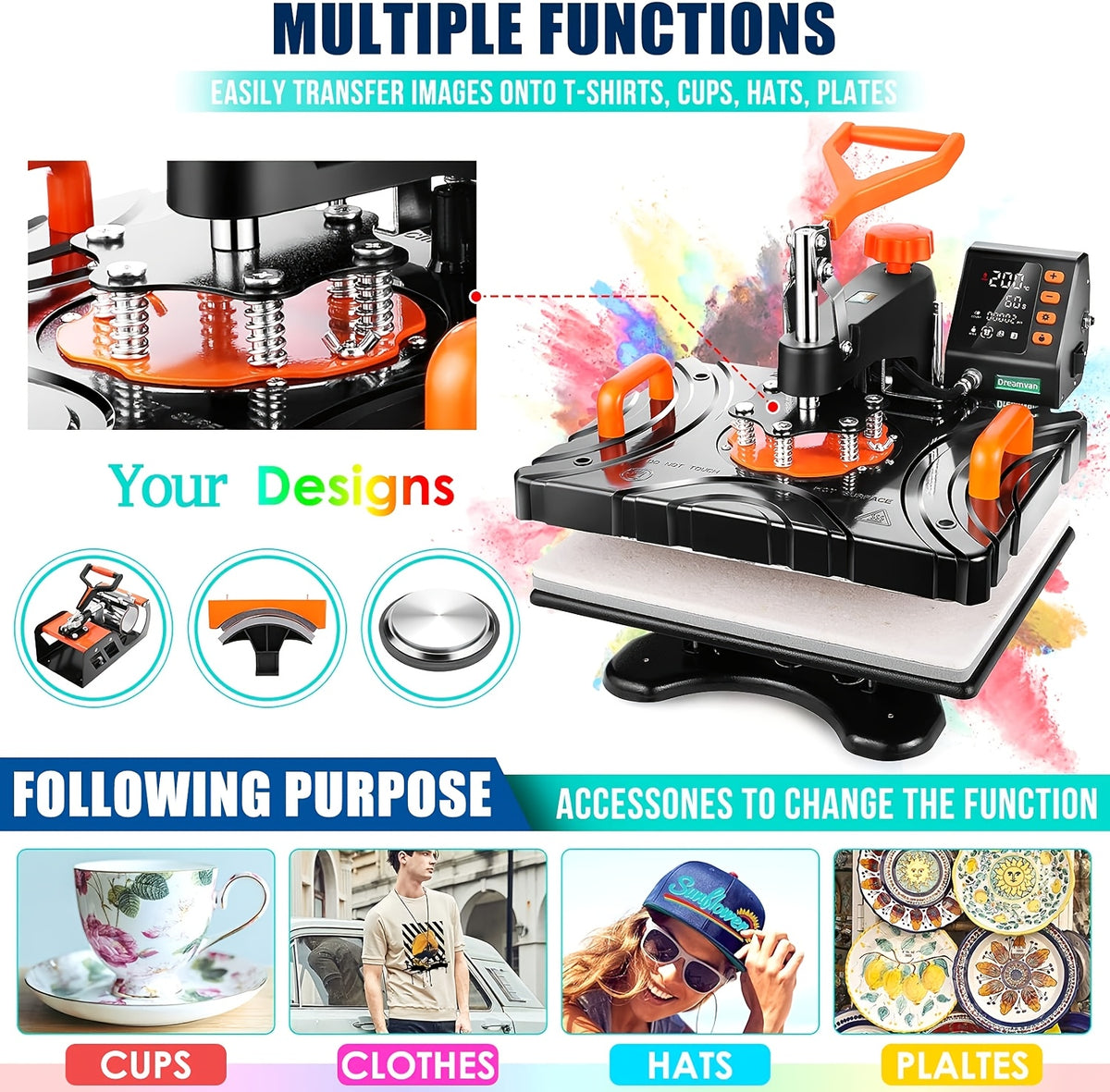 11pcs 8-in-1 - 15"x15"/12"x15" Heat Press Set for T-Shirts, Bags, Pillows, Hats, Beanies, Roller - 12"x10" T-Shirt Machine(Weight 25.35 Lbs) & 15"x15" Auto Single-Workbench & 15"x15" Auto Dual-Workbench Heat Press Only for Cloth, Shirts, Canvas Bags