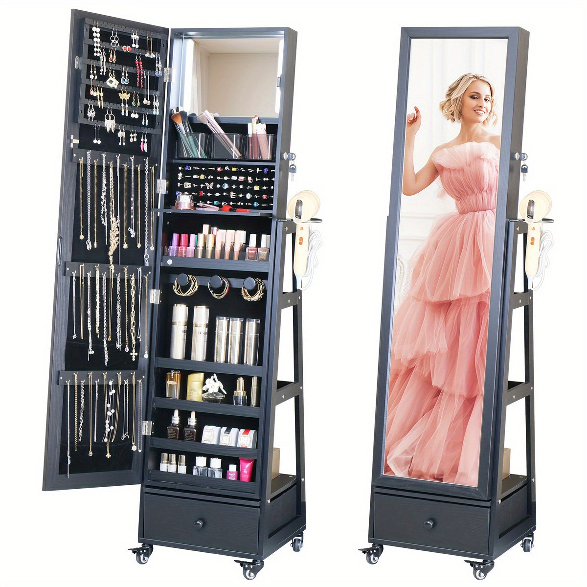 Mirrored Jewelry Cabinet for Full-Length Dressing, Lockable Storage and a Mobile Vanity Station