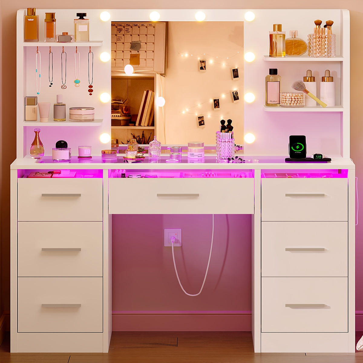 Makeup Vanity Table with LED Lighted Mirror, Power Outlet, 7 Drawers, 4 Shelves, 5 Jewelry Hooks
