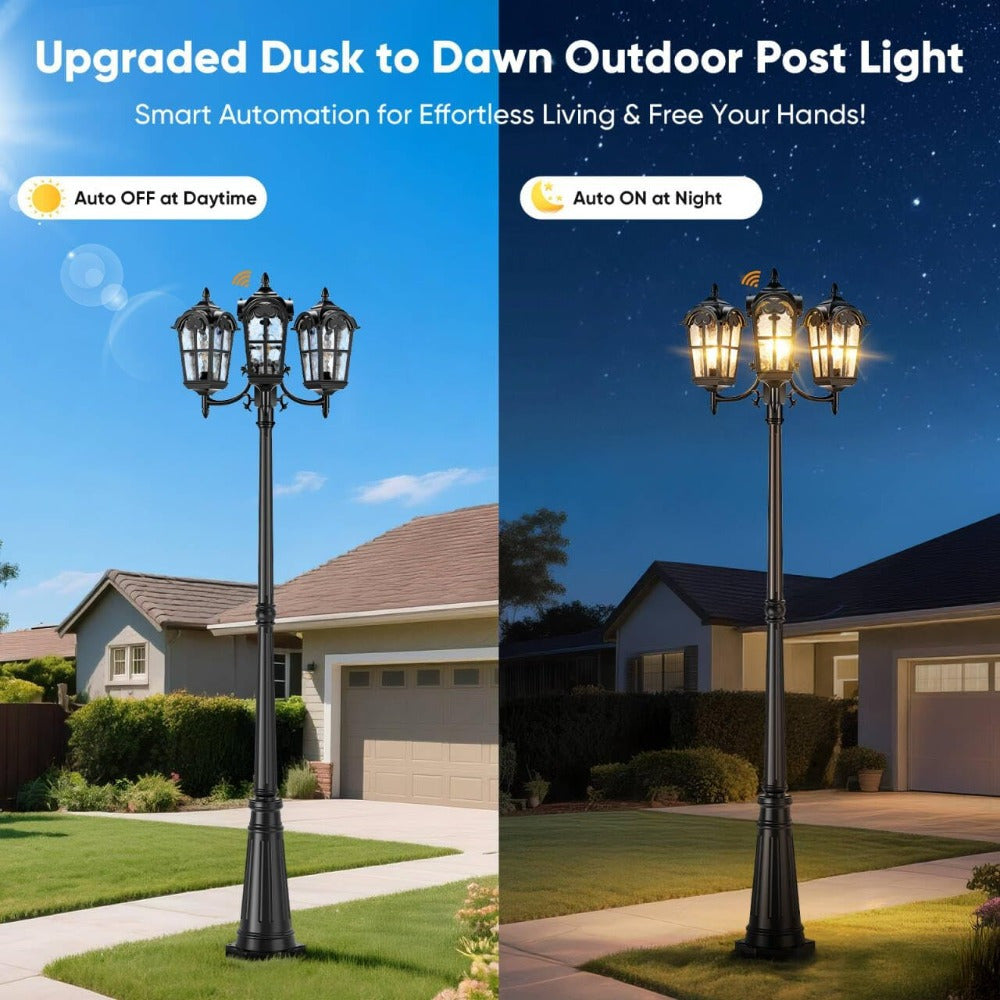 Outdoor Pathway Post Light, 3-Head Dusk-to-Dawn Fixture for Backyard and Garden Lighting Areas