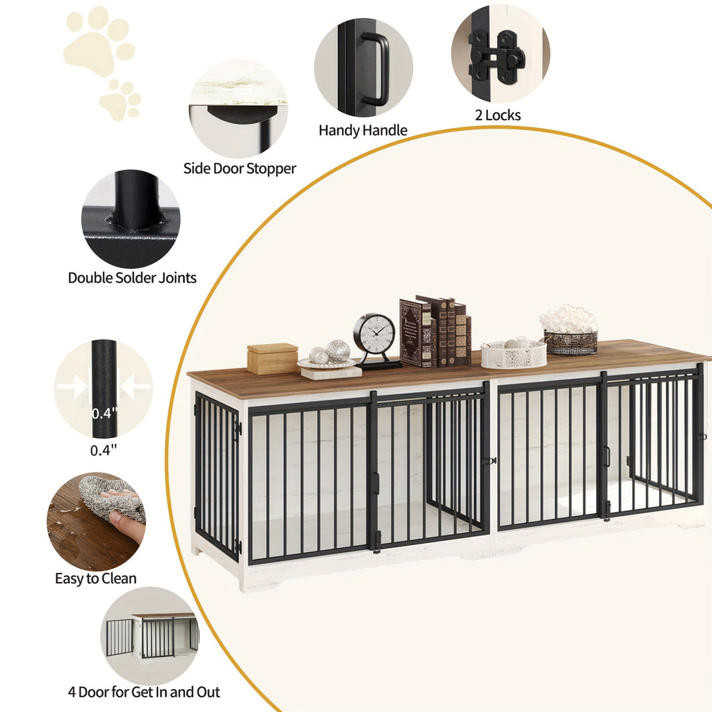 78" Dog Crate Furniture with Divider, Dog Crate Barn Door, Dog Kennel Indoor, Wood Dog Crate for 2 Dogs Small/Medium/Large Dog, End Side Table, Anti-Chew Anti-Escape