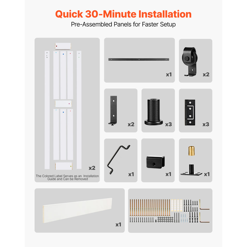 VEVOR Bifold Barn Door, 24" x 84"/36" x 84", MDF Bi-Fold Sliding Closet Doors, Hardware Kit Included, H-Frame Space-Saving Design, Need to Assemble, for Bedroom, Living Room, Wardrobe and Room Divider, White