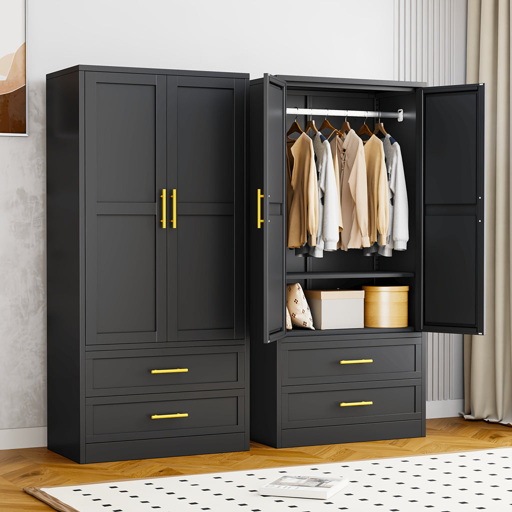 Mxa 71.39 "H metal storage cabinet with armrests, 2 drawers, adjustable shelves, clothesline, and home wardrobe