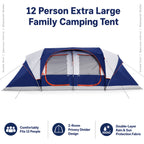 12-Person Camping Tent, Family Cabin Tent with 2/3 Rooms, Weatherproof, Features 6 Large Mesh Windows, Double Layer, Includes Dividing Curtain for Separate Rooms, Portable with Carry Bag