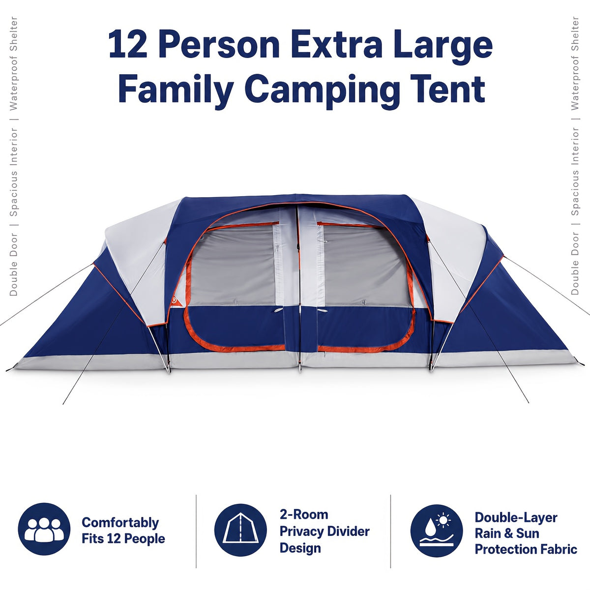 12-Person Camping Tent, Family Cabin Tent with 2/3 Rooms, Weatherproof, Features 6 Large Mesh Windows, Double Layer, Includes Dividing Curtain for Separate Rooms, Portable with Carry Bag