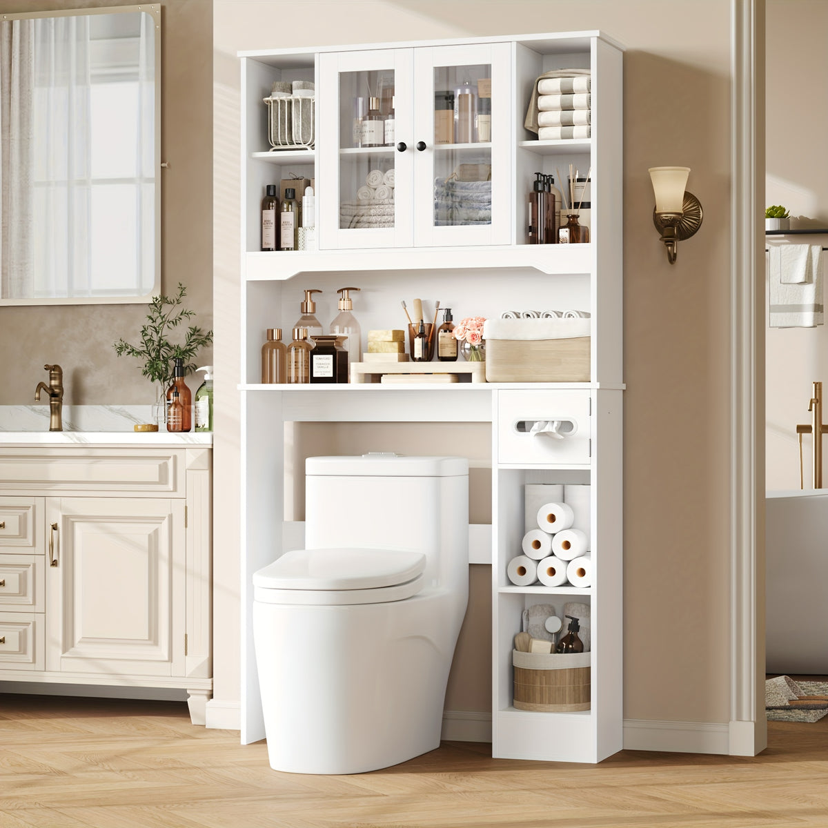 Storage Cabinet for Above The Toilet, Featuring Glass Doors And a Paper Holder, Designed As a Bathroom Shelf to Save Space in Restrooms And Laundry Areas