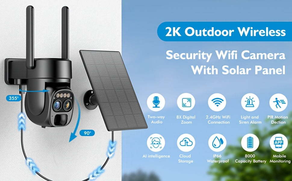 6pcs [10X Zoom] 360-Degree Low-Power Solar Panel Battery 2K FHD Wifi with Spotlight Alarm, Motion Detection, Color Night Vision, Two-Way Audio And