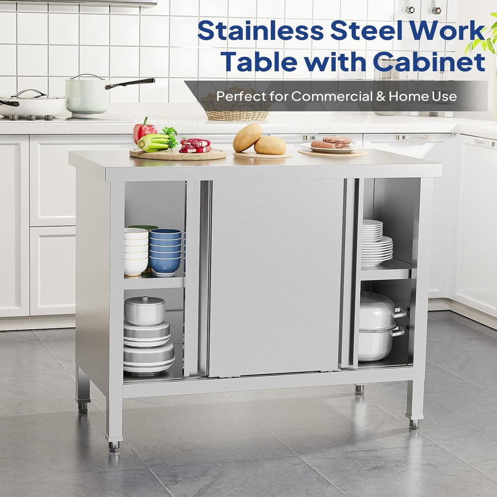 MEFEIR Commercial Stainless Steel Prep Table - 35"x28" Heavy Duty Kitchen Work Table w/ 2 Sliding Door Cabinet & Backsplash, Large Storage for Restaurant Food Prep