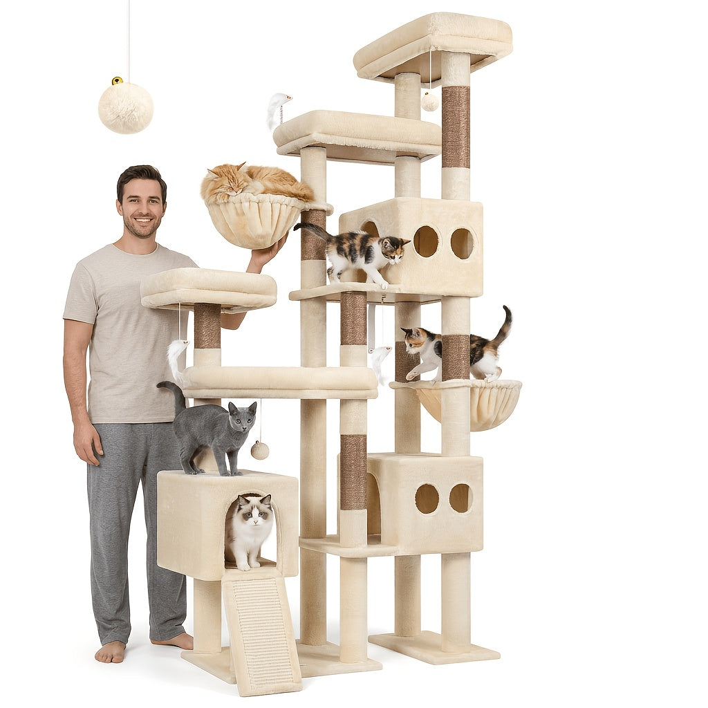 Globlazer 82-inch Cat Tower for Large Cats, Multi-Level Cat Tree for 4+ Indoor Cats with 3 Condos, 7 Sisal Scratching Posts, Scratching Board, 2 Hammocks & 3 Perches, S82D, Light Grey